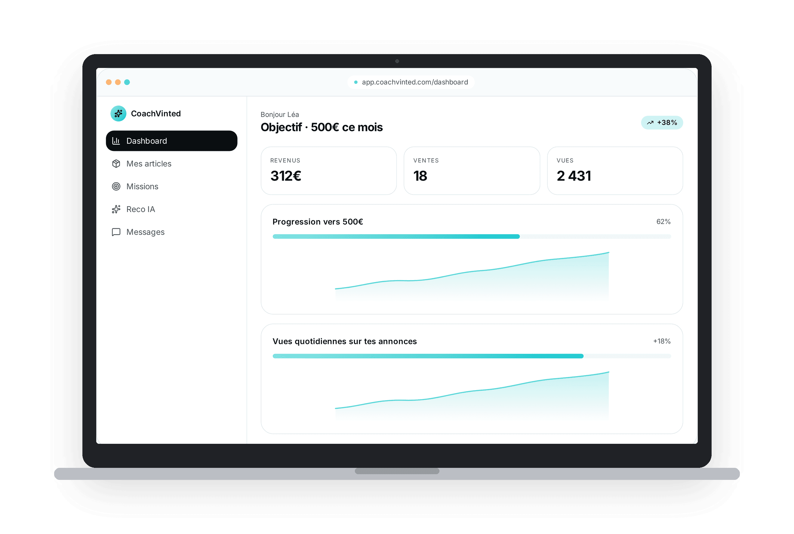 Aperçu de l'app Reselly sur ordinateur : revenus, ventes, vues et progression vers l'objectif du mois.